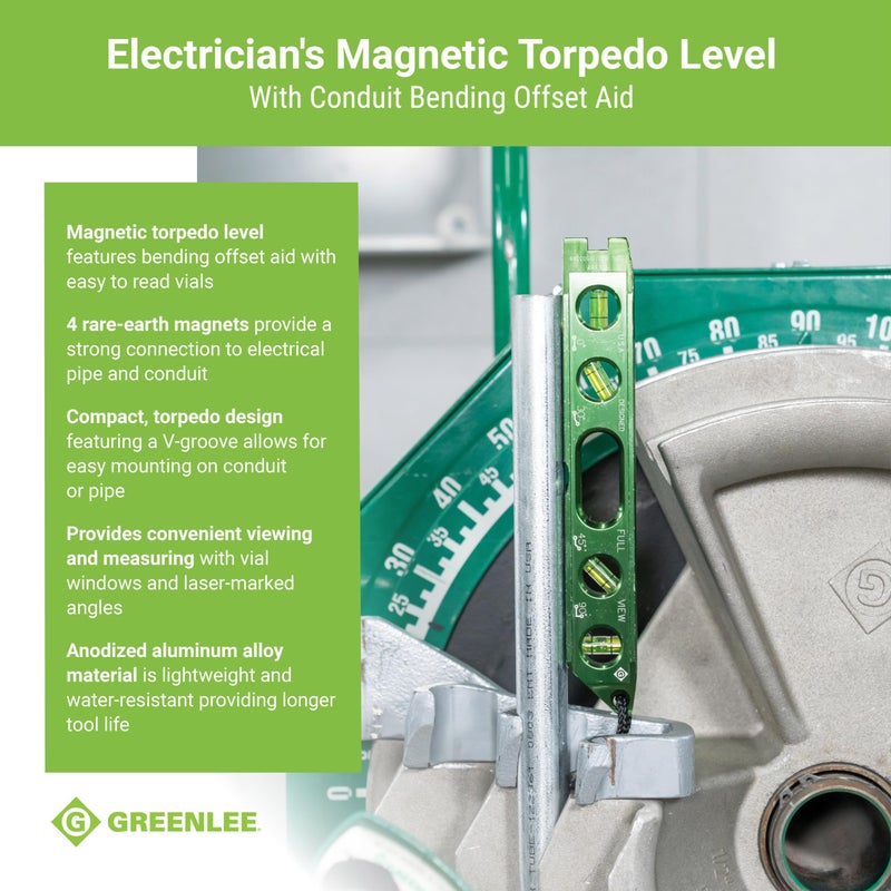 Greenlee L107 Electrician's Magnetic Torpedo Level with Conduit Bending Offset Aid, Green - Image 3